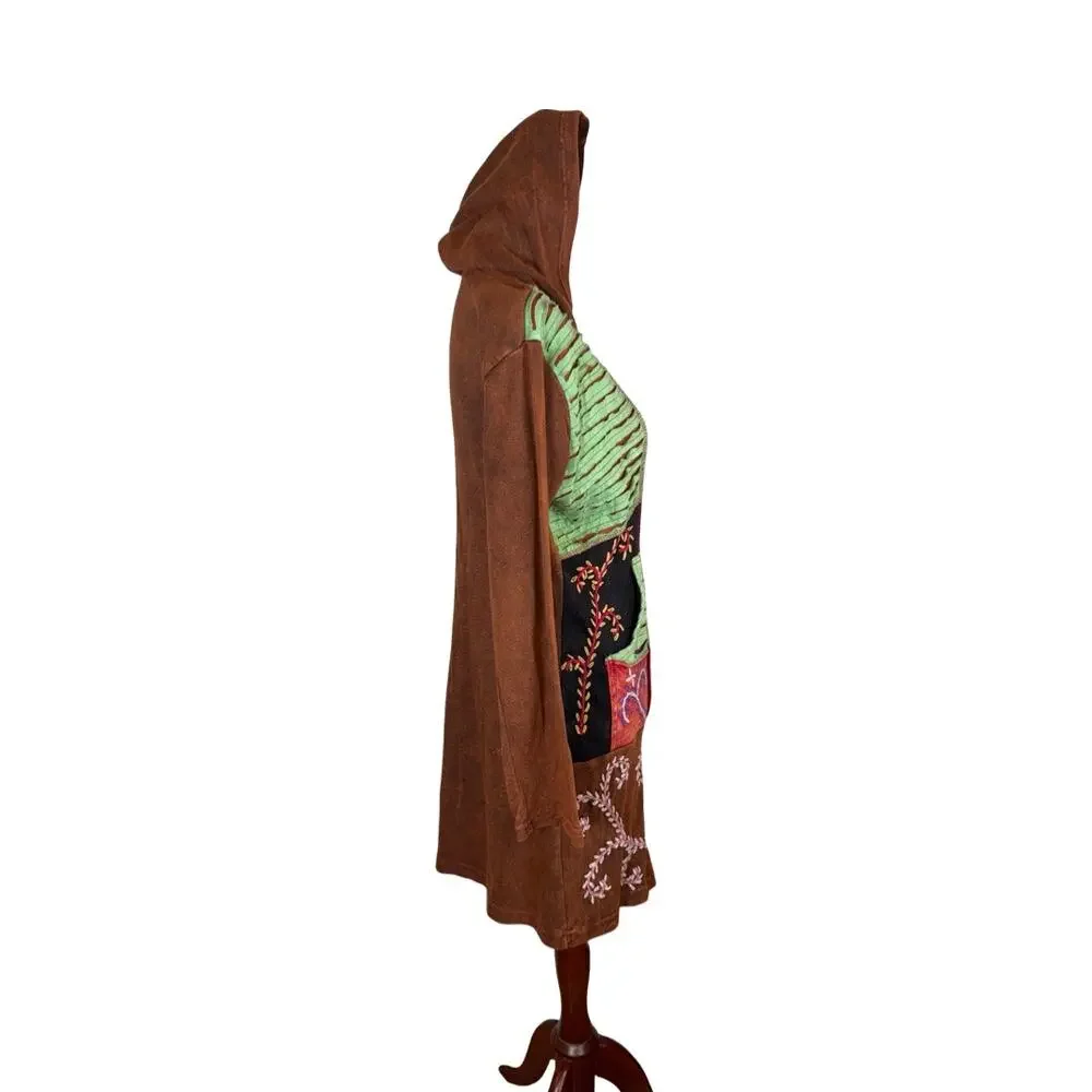 Rising International Brown Patchwork Embroidered Long Hoodie Jacket  Size: M